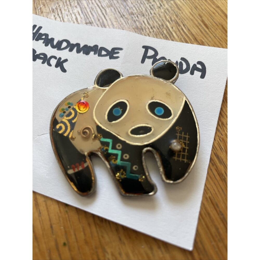 Vintage Unsigned Enamel Panda Bear Celebration Confetti Brooch Pin 1980s